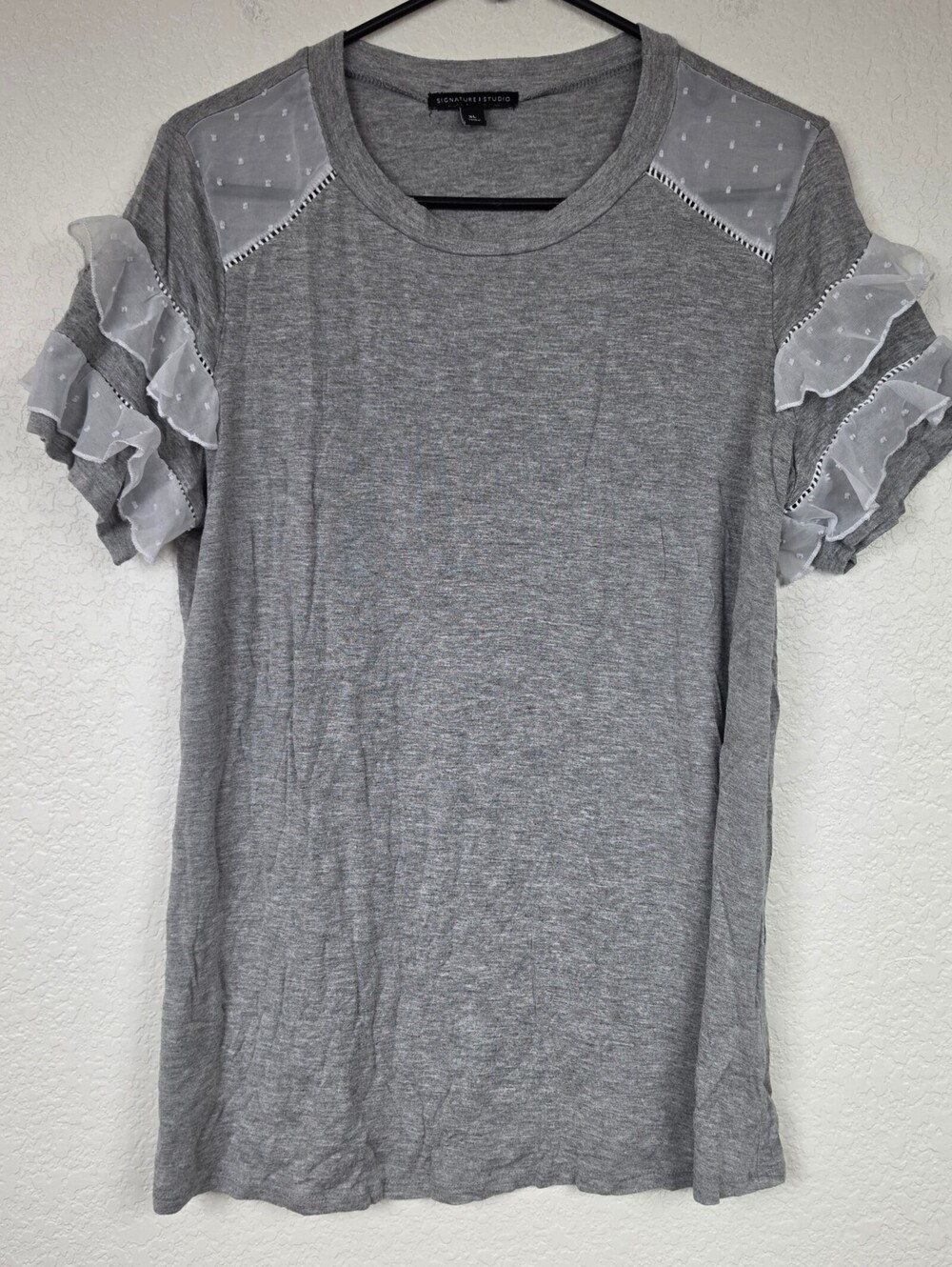 XL Grey Gray Mesh Ruffle Rayon Preppy Mesh Blouse Shirt Top